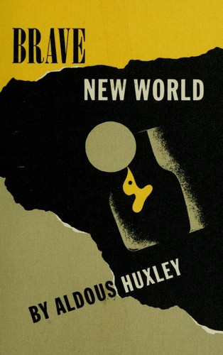 Cover of the Brave New World paperback edition by Aldous Huxley, showing a stylized test-tube and factory motif in muted industrial tones
