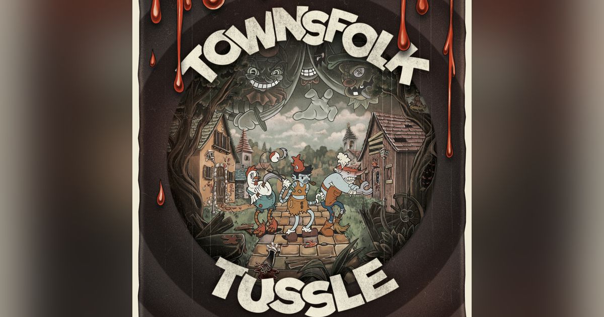 Box art for Townsfolk Tussle showing stylized illustrated townsfolk characters and terrain pieces in a whimsical combat scene