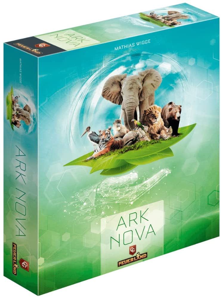 Box art for Ark Nova showing an elephant, lion, tiger, and other animals gathered on a stylized leaf floating over a zoo landscape